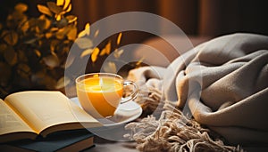 Cozy winter night book, candle, flame, and comfortable bed generated by AI