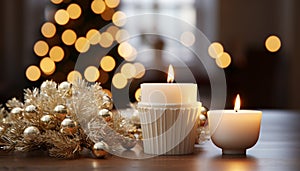 Cozy winter night glowing candle illuminates Christmas tree decoration generated by AI