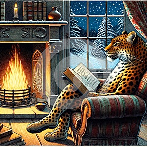 Cozy Winter Night, Literate Leopard by the Fireplace