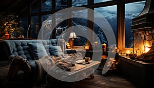 Cozy winter night in a modern rustic cottage generated by AI