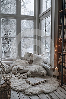 Cozy winter reading nook with snowy view. - AI Generated