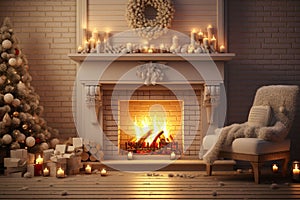 Cozy winter scene with a fireplace stockings and