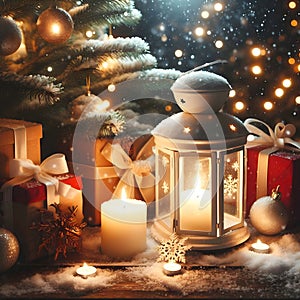 A cozy winter setting complete with a glowing lantern, gifts, and festive decorations. photo