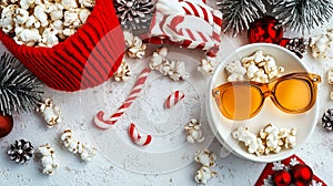 A cozy winter spread with candy canes, popcorn, and a steaming mug of cocoa