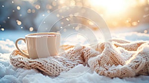 Cozy Winter Warmth: Hot Chocolate and Knitted Scarf in Snow