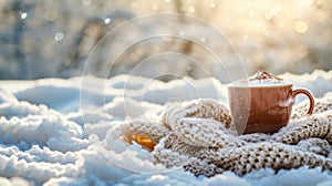 Cozy Winter Warmth: Hot Chocolate and Knitted Scarf in Snow