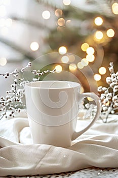 Cozy Winter Warmth: Mug, Pine Cones, and Twinkling Lights