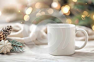 Cozy Winter Warmth: Mug, Pine Cones, and Twinkling Lights