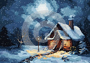 Cozy Winter Wonderland: A Pixelated Portrait of a Snowy Night Sc