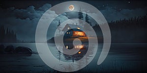 Cozy wooden cabin between the mountains at night by the lake and full moon. Generative AI