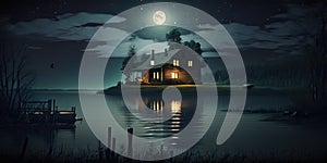 Cozy wooden cabin between the mountains at night by the lake and full moon. Generative AI