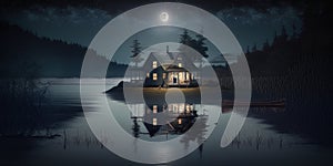 Cozy wooden cabin between the mountains at night by the lake and full moon. Generative AI