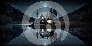 Cozy wooden cabin between the mountains at night by the lake and full moon. Generative AI