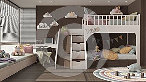 Cozy wooden children bedroom with bunk bed in dark and pastel tones, parquet floor, big window with venetian blinds, sofa, desk