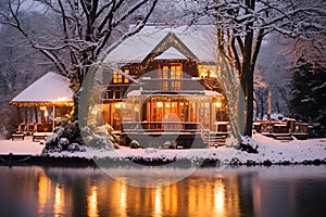 A cozy wooden cottage near a lake in a winter forest, decorated for Christmas