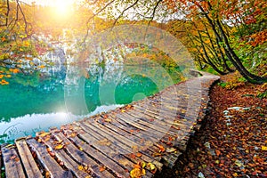 Cozy wooden footbridge over the clean lake, Plitvice lakes, Croatia