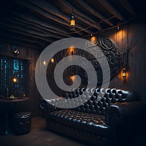 Cozy Wooden Forest Cabin House Living Room Steampunk Details Cables And Lights And Retro Leather Sofa Couch In Midnight Generative