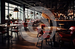 Cozy wooden interior of restaurant, copy space. Comfortable modern dining place, contemporary design background