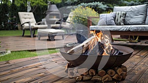 A cozy wooden patio with a builtin fire pit perfect for cool summer evenings. .