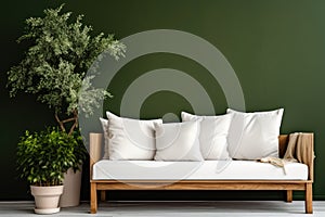 Cozy wooden sofa with white cushions near dark green wall. Side table with houseplant and potted tree