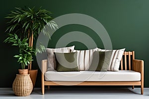 Cozy wooden sofa with white cushions near dark green wall. Side table with houseplant and potted tree.