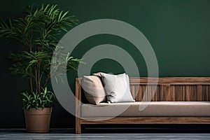 Cozy wooden sofa with white cushions near dark green wall. Side table with houseplant and potted tree