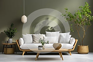 Cozy wooden sofa with white cushions near dark green wall. Side table with houseplant and potted tree. Scandinavian interior