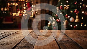 Cozy wooden table with blurred Christmas tree lights in the background photo