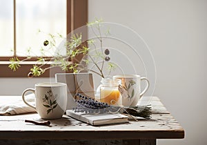 Cozy Table Lavender Mugs and Candle AI generated