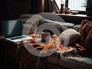 Cozy workfromhome setup with laptop and blanket