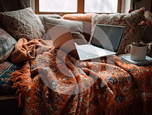 Cozy workfromhome setup with laptop and blanket