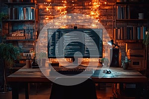 Cozy workspace featuring a modern computer setup with ambient lighting an