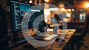 Cozy workspace with laptop and programming code on monitor