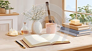 Cozy workspace with an open notebook, coffee, and decorative elements by a window