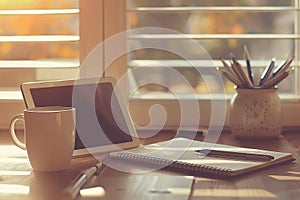 Cozy workspace setup near the window featuring a tablet, notebook and coffee