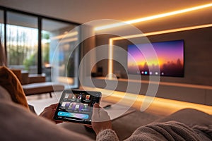 Smart home control center with ambient lighting in a modern workspace