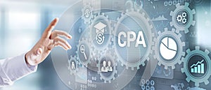 CPA certified public accountant audit financial business concept. Businessman pressing button.