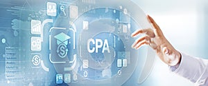 CPA certified public accountant audit financial business concept. Businessman pressing button.