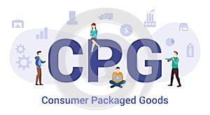 Cpg consumer packaged goods concept with big word or text and team people with modern flat style - vector