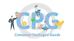 CPG, Consumer Packaged Goods. Concept with people, letters and icons. Flat vector illustration. Isolated on white