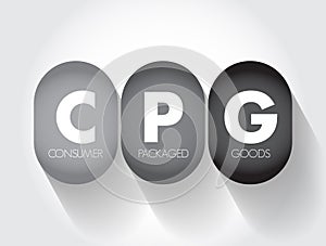 CPG Consumer Packaged Goods - merchandise that customers use up and replace on a frequent basis, acronym text concept background