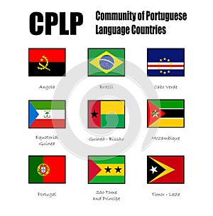 CPLP official flag and national flags of the nine states which are full members of the Community of Portuguese Language Countries