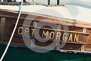 CPT MORGAN text on wooden historic whaling ship The Charles W. Morgan. Built in 1841, the Morgan is now Americas oldest