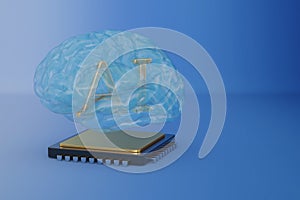Cpu with ai brain on blue background 3D illustration