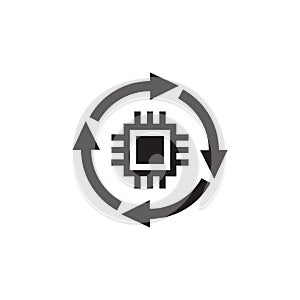 CPU - black icon design. Computer chip processor with cycle arrows. Vector illustration.