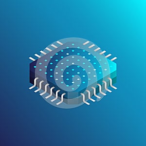 CPU with blue lights and effects, Futuristic microchip, vector illustration