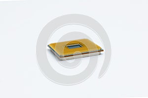 Pin side of CPU Central Processing Unit or microchip computer isolated on white background