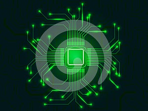 CPU chip with bright connections. Green microprocessor. Abstract light technological backdrop. Glowing motherboard