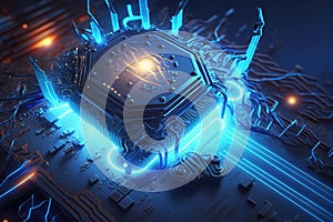 CPU chip on circuit board, processor with magic blue light inside computer, generative AI