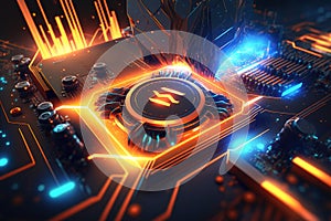 CPU chip on circuit board, processor with magic light inside computer, generative AI